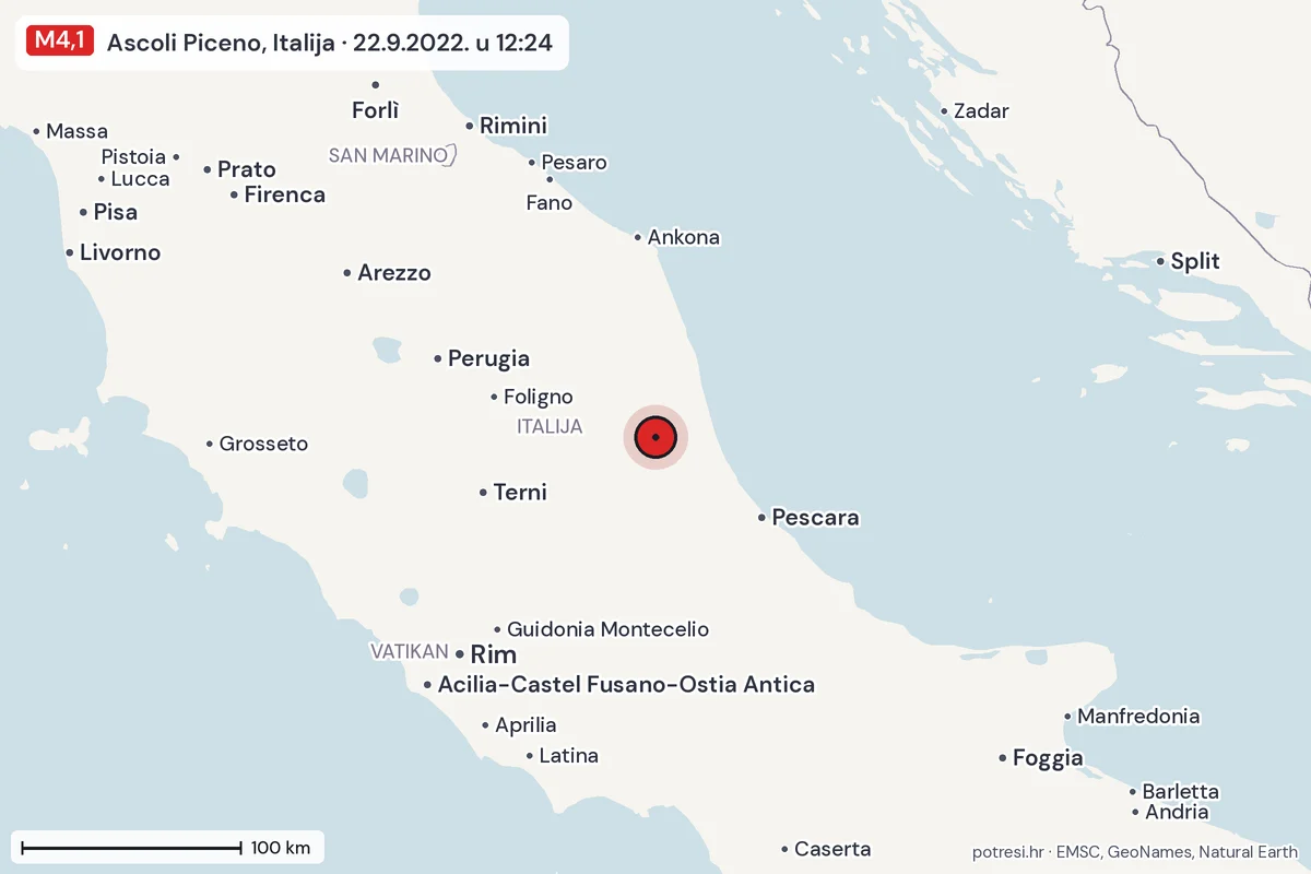 Karta: šire područje, 600 km, potres M4,1, Ascoli Piceno, Italija, 22.9.2022.