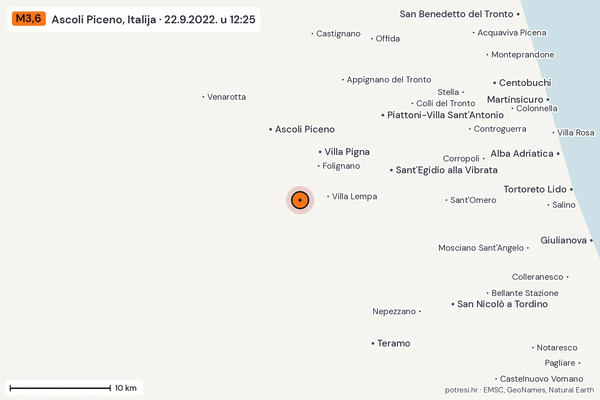 Karta: okolica epicentra, 60 km, potres M3,6, Ascoli Piceno, Italija, 22.9.2022.