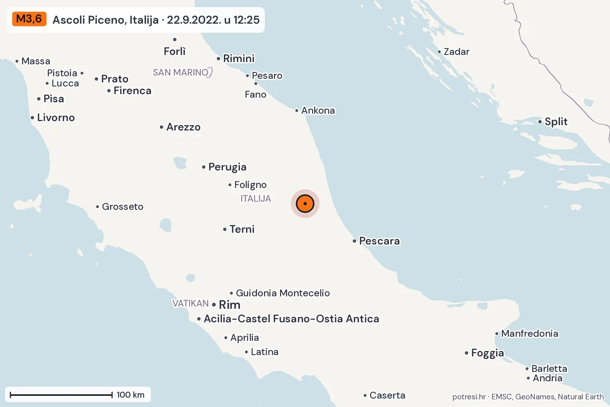 Karta: šire područje, 600 km, potres M3,6, Ascoli Piceno, Italija, 22.9.2022.