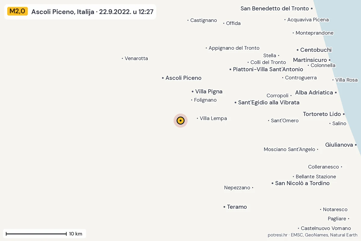 Karta: okolica epicentra, 60 km, potres M2,0, Ascoli Piceno, Italija, 22.9.2022.