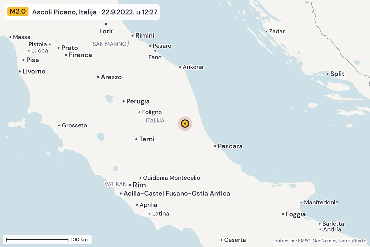Karta: šire područje, 600 km, potres M2,0, Ascoli Piceno, Italija, 22.9.2022.