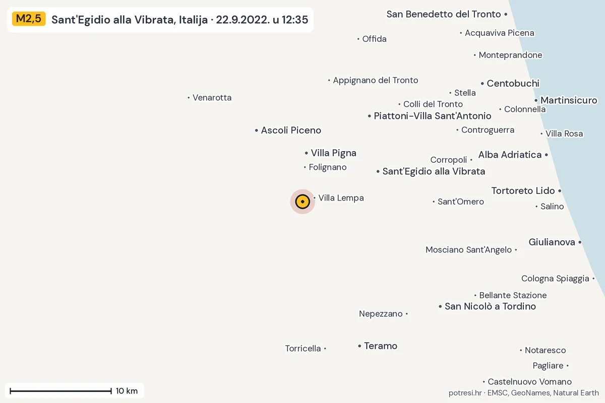 Karta: okolica epicentra, 60 km, potres M2,5, Sant'Egidio alla Vibrata, Italija, 22.9.2022.