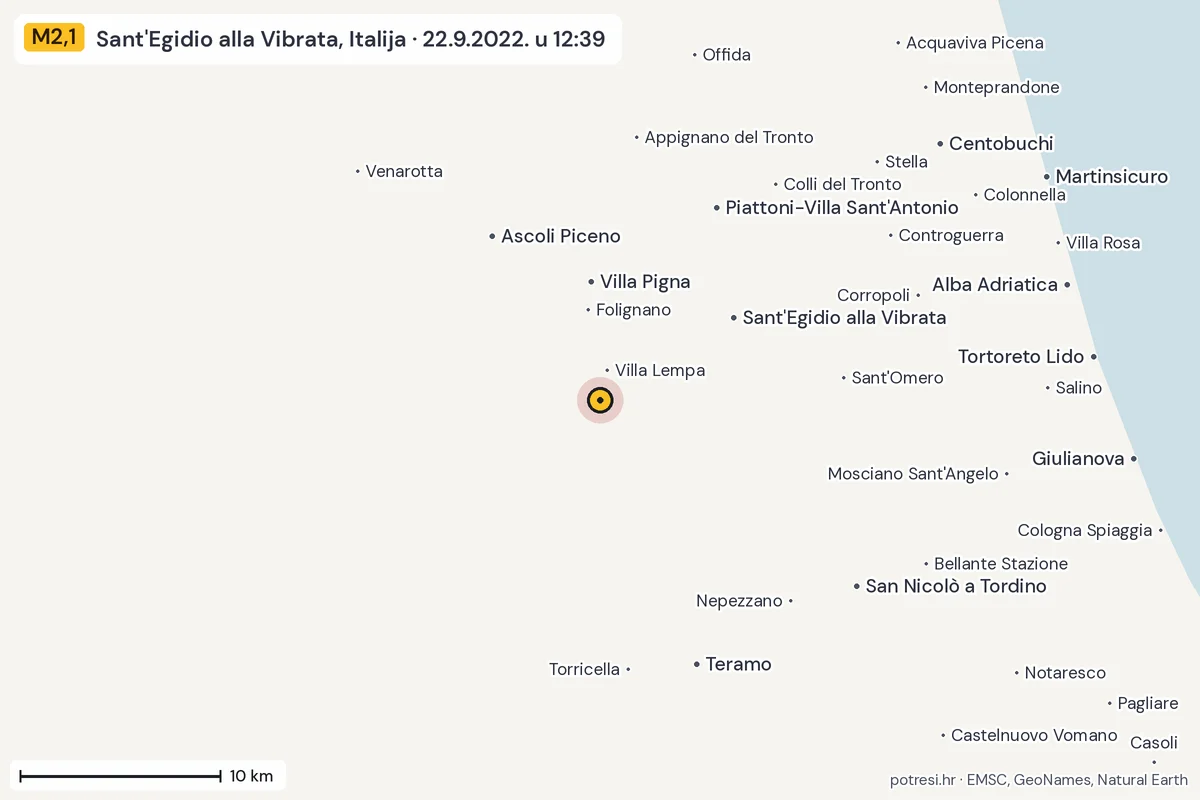 Karta: okolica epicentra, 60 km, potres M2,1, Sant'Egidio alla Vibrata, Italija, 22.9.2022.