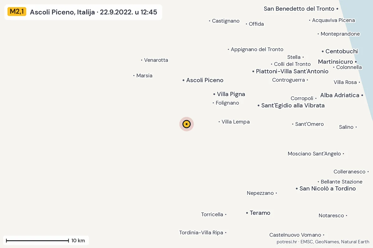Karta: okolica epicentra, 60 km, potres M2,1, Ascoli Piceno, Italija, 22.9.2022.