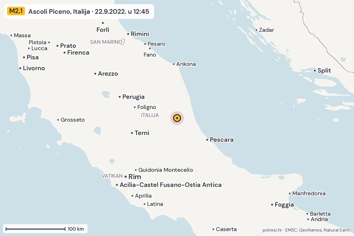 Karta: šire područje, 600 km, potres M2,1, Ascoli Piceno, Italija, 22.9.2022.