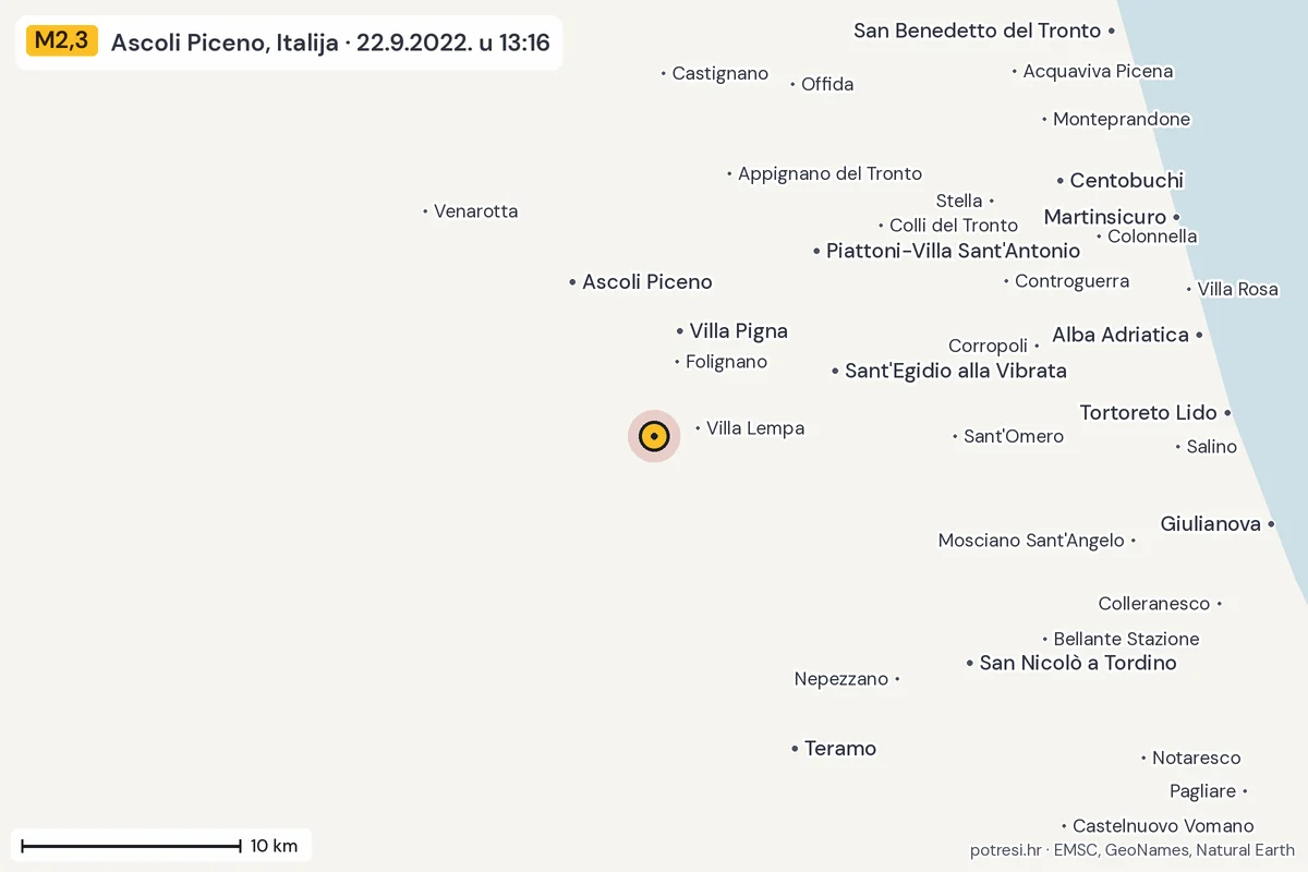 Karta: okolica epicentra, 60 km, potres M2,3, Ascoli Piceno, Italija, 22.9.2022.