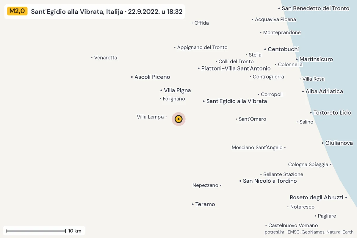 Karta: okolica epicentra, 60 km, potres M2,0, Sant'Egidio alla Vibrata, Italija, 22.9.2022.
