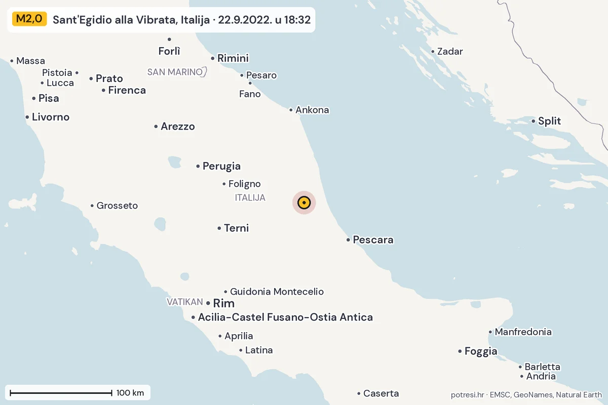 Karta: šire područje, 600 km, potres M2,0, Sant'Egidio alla Vibrata, Italija, 22.9.2022.