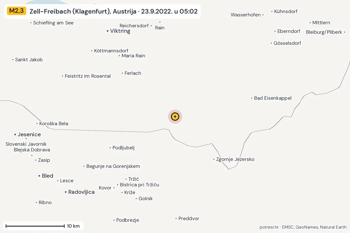 Karta: okolica epicentra, 60 km, potres M2,3, Zell-Freibach (Klagenfurt), Austrija, 23.9.2022.