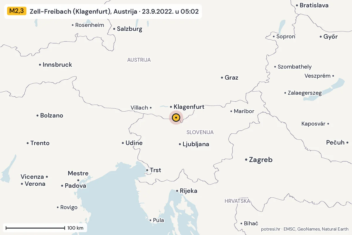 Karta: šire područje, 600 km, potres M2,3, Zell-Freibach (Klagenfurt), Austrija, 23.9.2022.