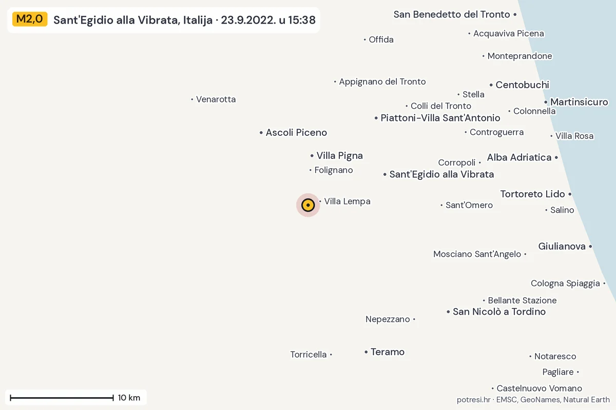 Karta: okolica epicentra, 60 km, potres M2,0, Sant'Egidio alla Vibrata, Italija, 23.9.2022.