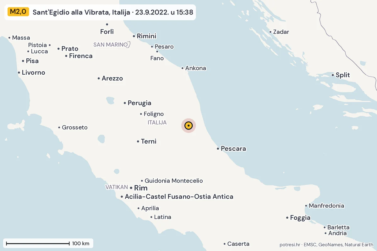 Karta: šire područje, 600 km, potres M2,0, Sant'Egidio alla Vibrata, Italija, 23.9.2022.