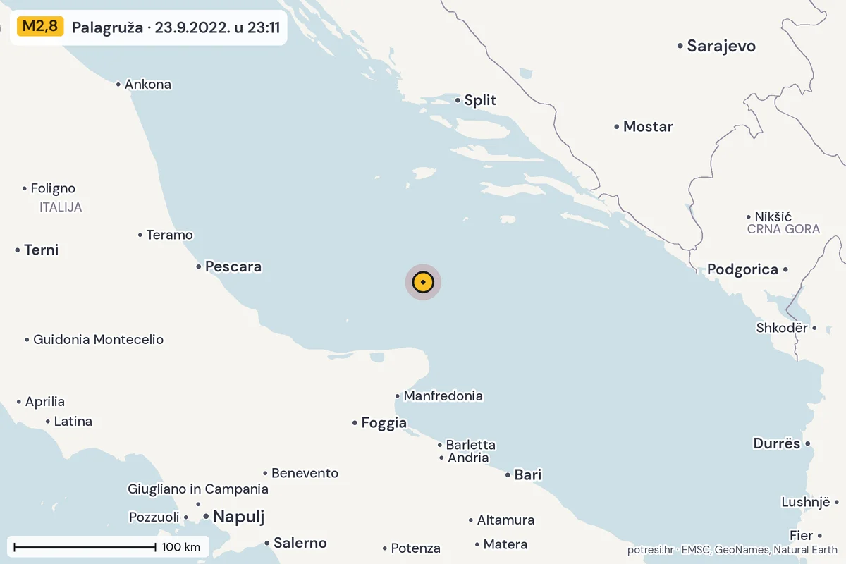Karta: šire područje, 600 km, potres M2,8, Palagruža, 23.9.2022.