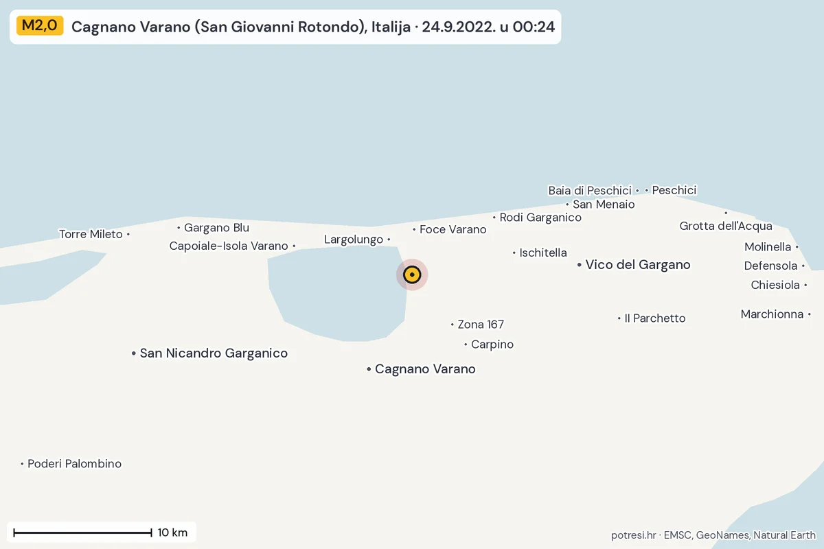 Karta: okolica epicentra, 60 km, potres M2,0, Cagnano Varano (San Giovanni Rotondo), Italija, 24.9.2022.