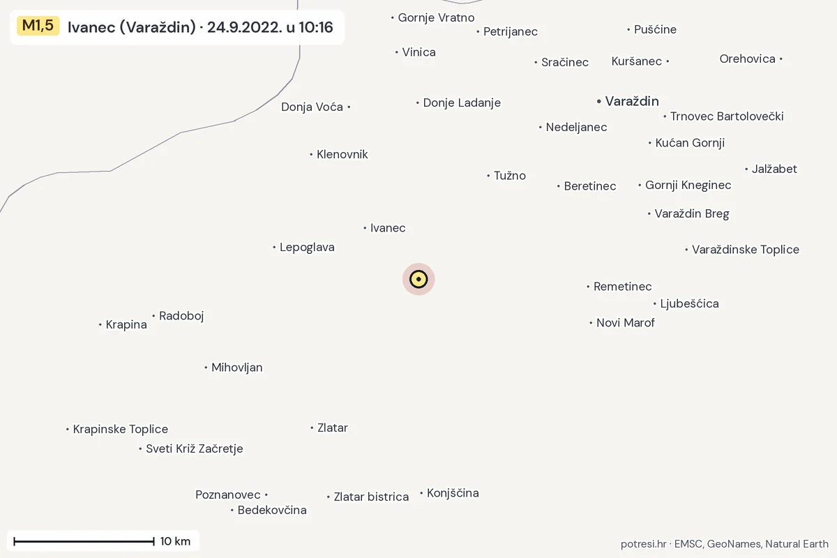 Karta: okolica epicentra, 60 km, potres M1,5, Ivanec (Varaždin), 24.9.2022.