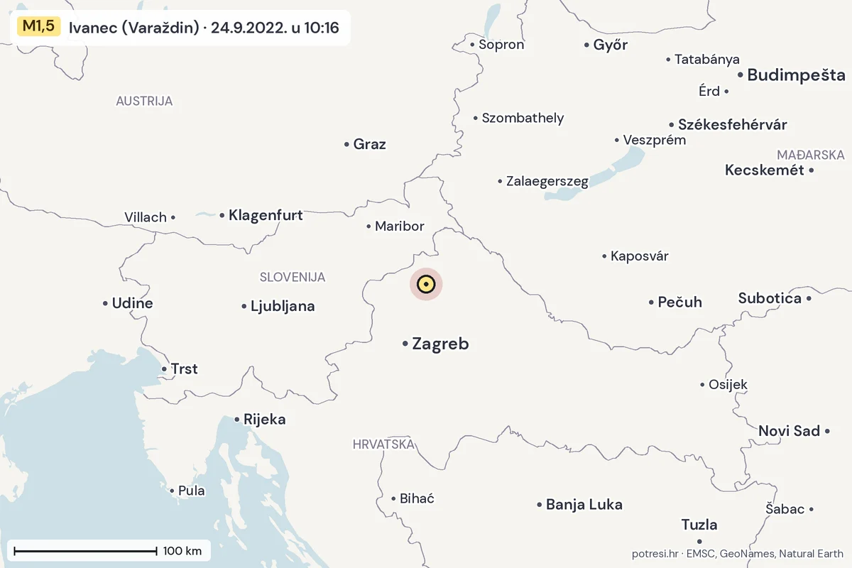 Karta: šire područje, 600 km, potres M1,5, Ivanec (Varaždin), 24.9.2022.