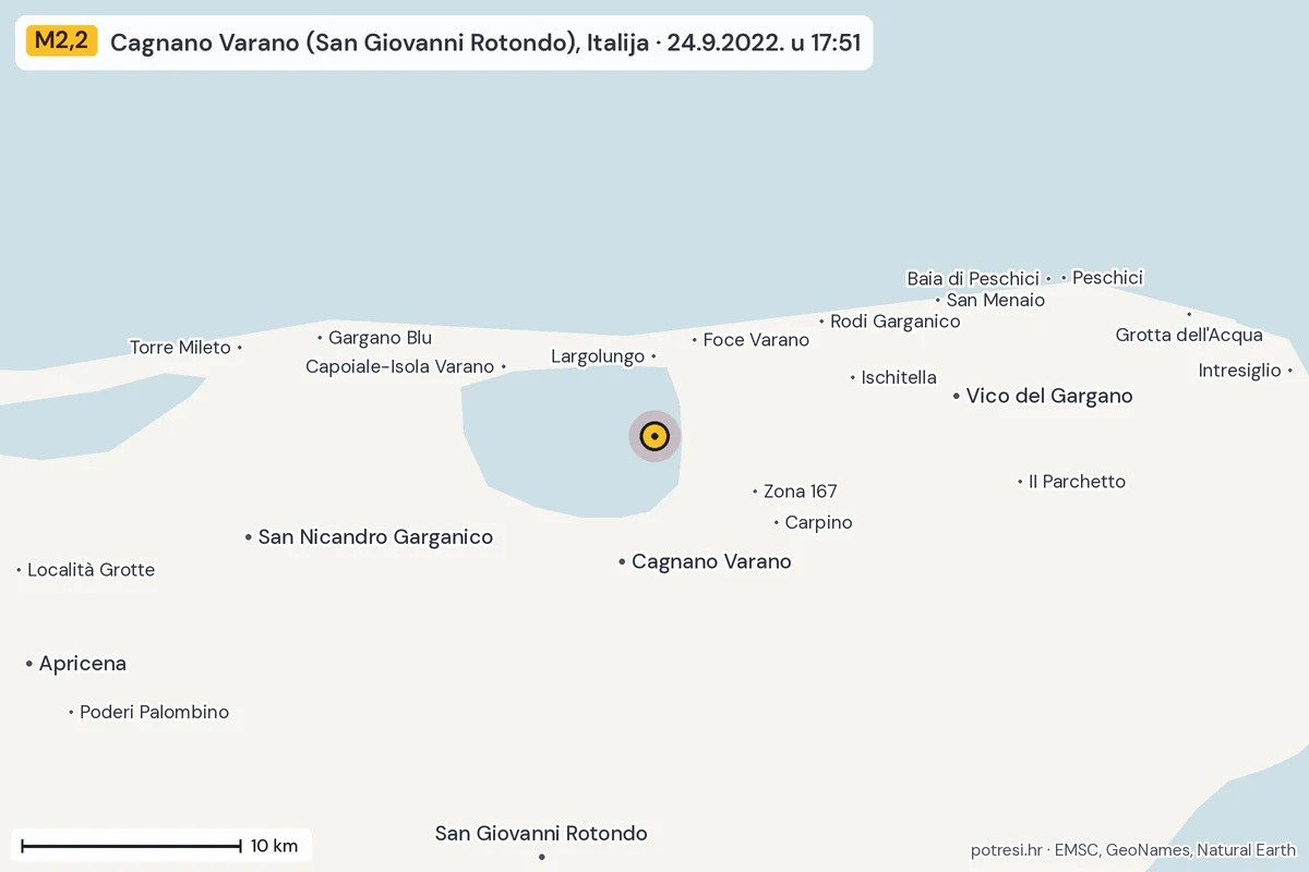 Karta: okolica epicentra, 60 km, potres M2,2, Cagnano Varano (San Giovanni Rotondo), Italija, 24.9.2022.