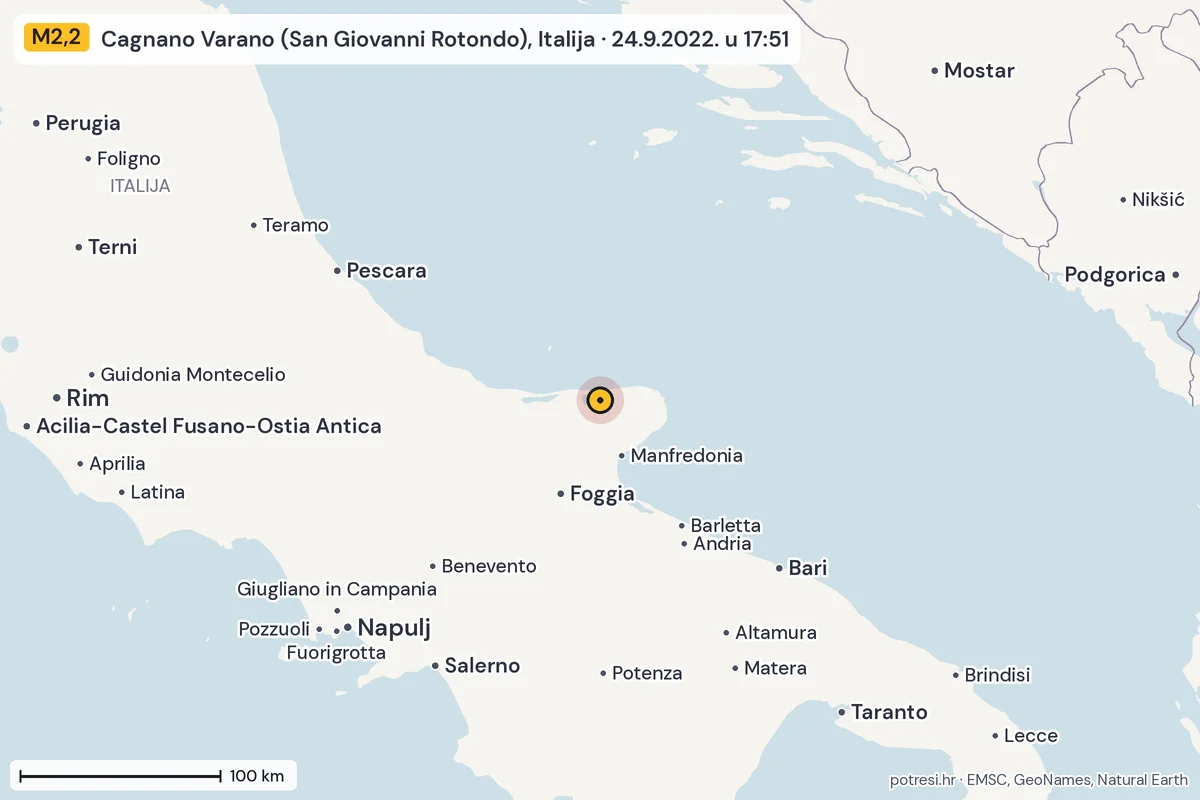 Karta: šire područje, 600 km, potres M2,2, Cagnano Varano (San Giovanni Rotondo), Italija, 24.9.2022.
