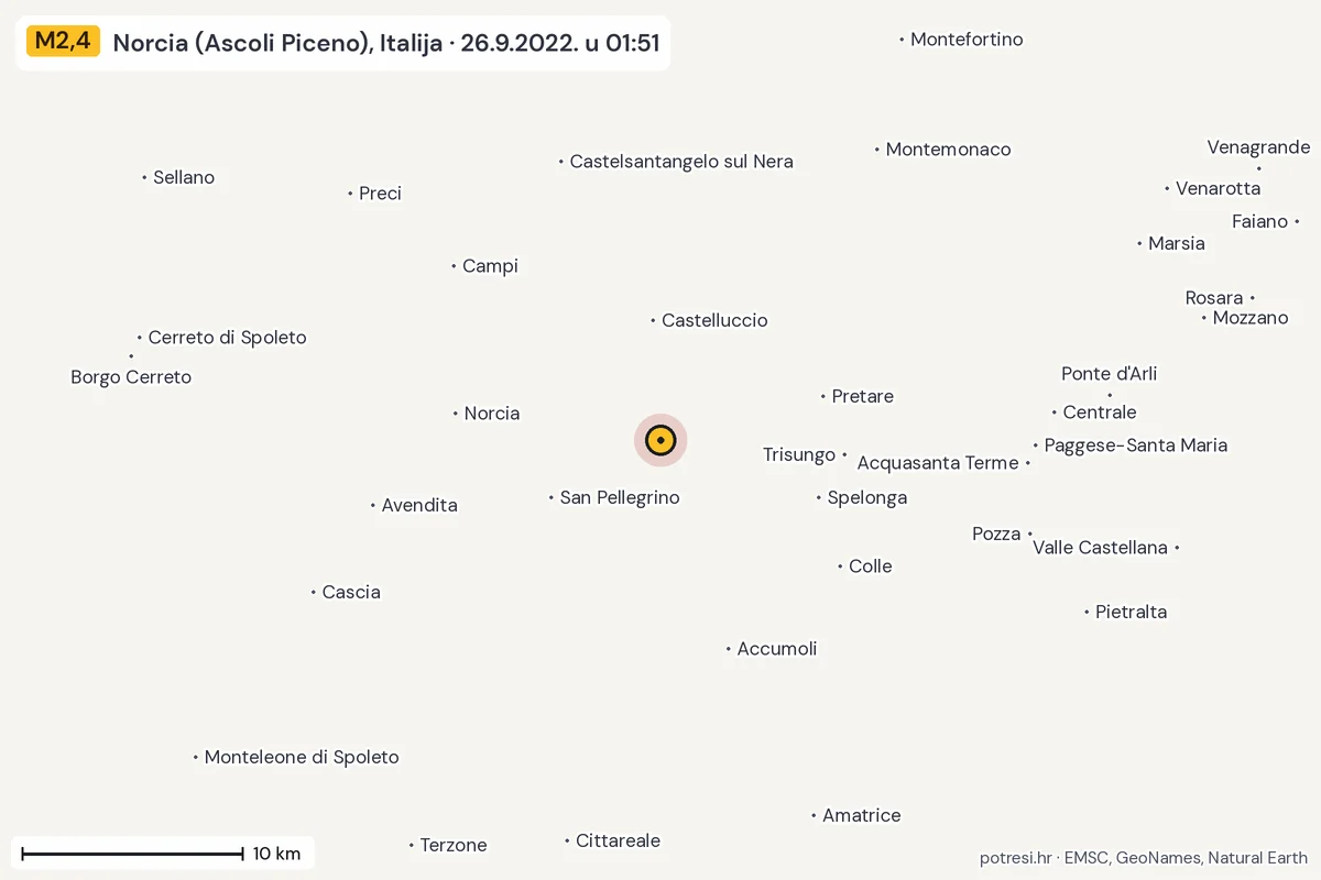 Karta: okolica epicentra, 60 km, potres M2,4, Norcia (Ascoli Piceno), Italija, 26.9.2022.
