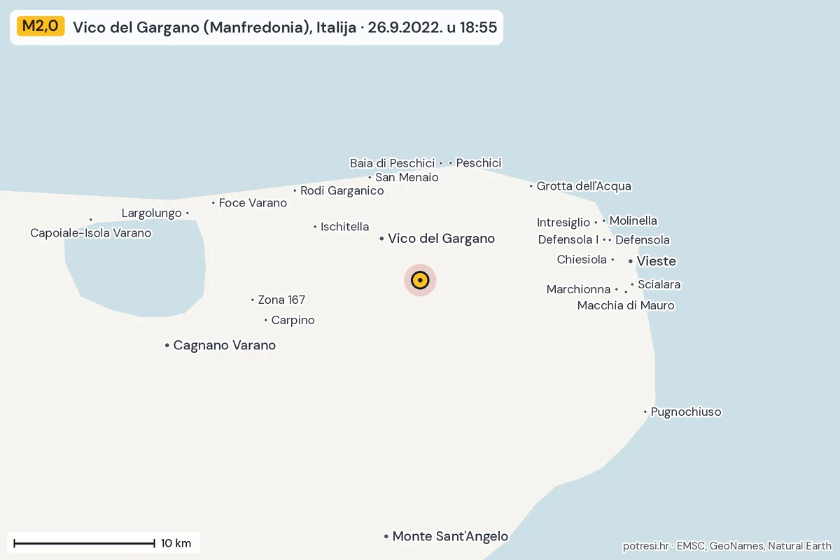 Karta: okolica epicentra, 60 km, potres M2,0, Vico del Gargano (Manfredonia), Italija, 26.9.2022.