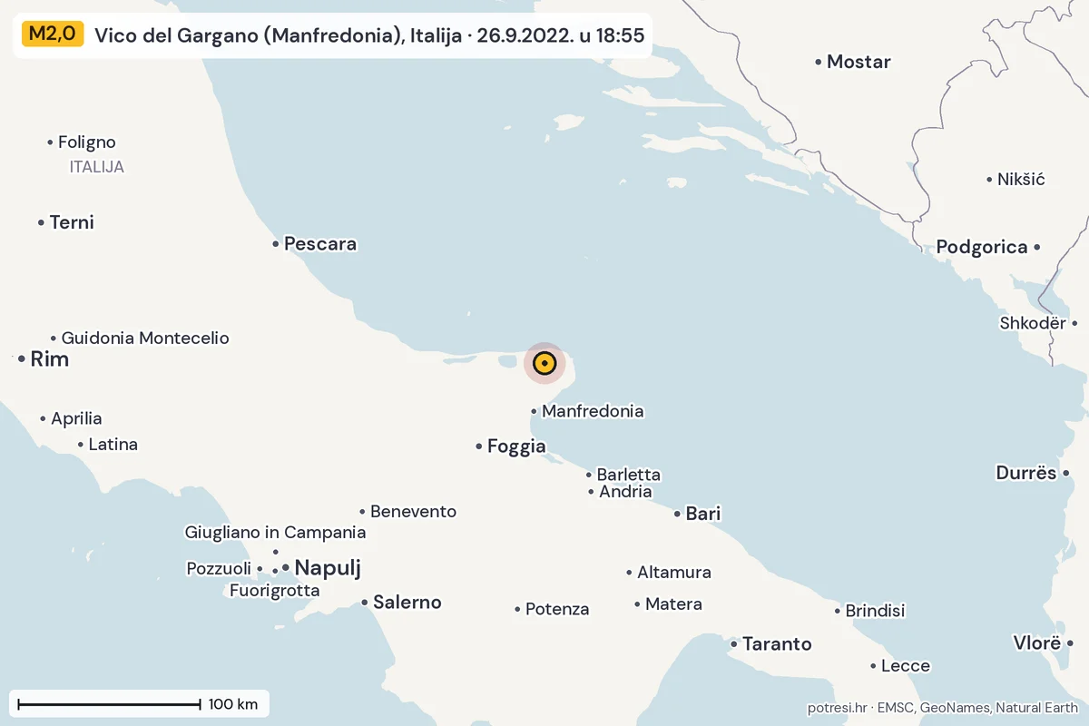 Karta: šire područje, 600 km, potres M2,0, Vico del Gargano (Manfredonia), Italija, 26.9.2022.