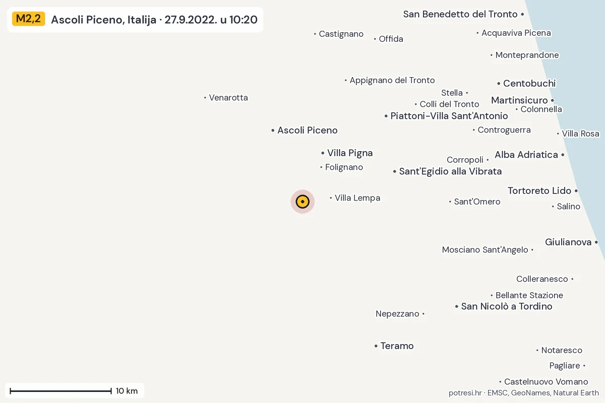 Karta: okolica epicentra, 60 km, potres M2,2, Ascoli Piceno, Italija, 27.9.2022.