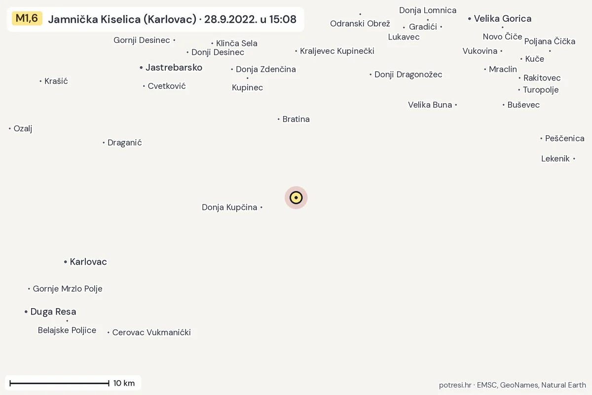 Karta: okolica epicentra, 60 km, potres M1,6, Jamnička Kiselica (Karlovac), 28.9.2022.