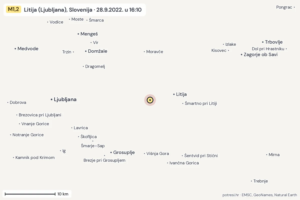 Karta: okolica epicentra, 60 km, potres M1,2, Litija (Ljubljana), Slovenija, 28.9.2022.