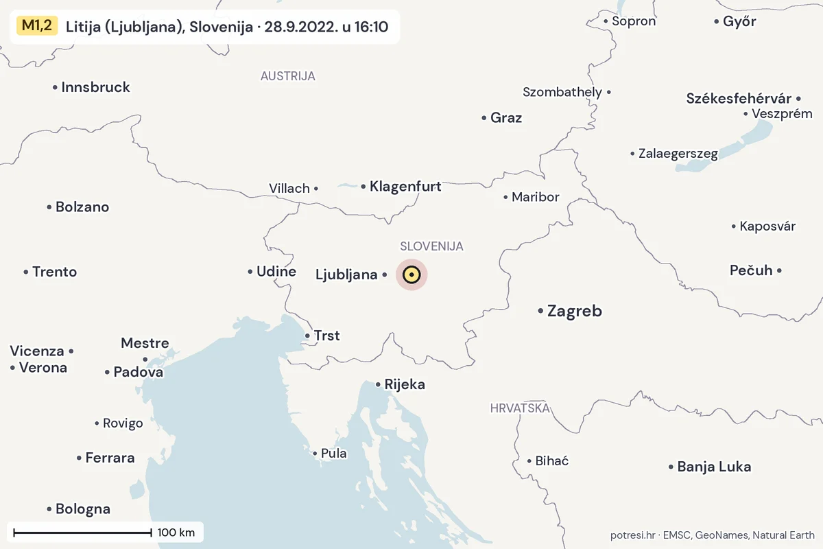 Karta: šire područje, 600 km, potres M1,2, Litija (Ljubljana), Slovenija, 28.9.2022.
