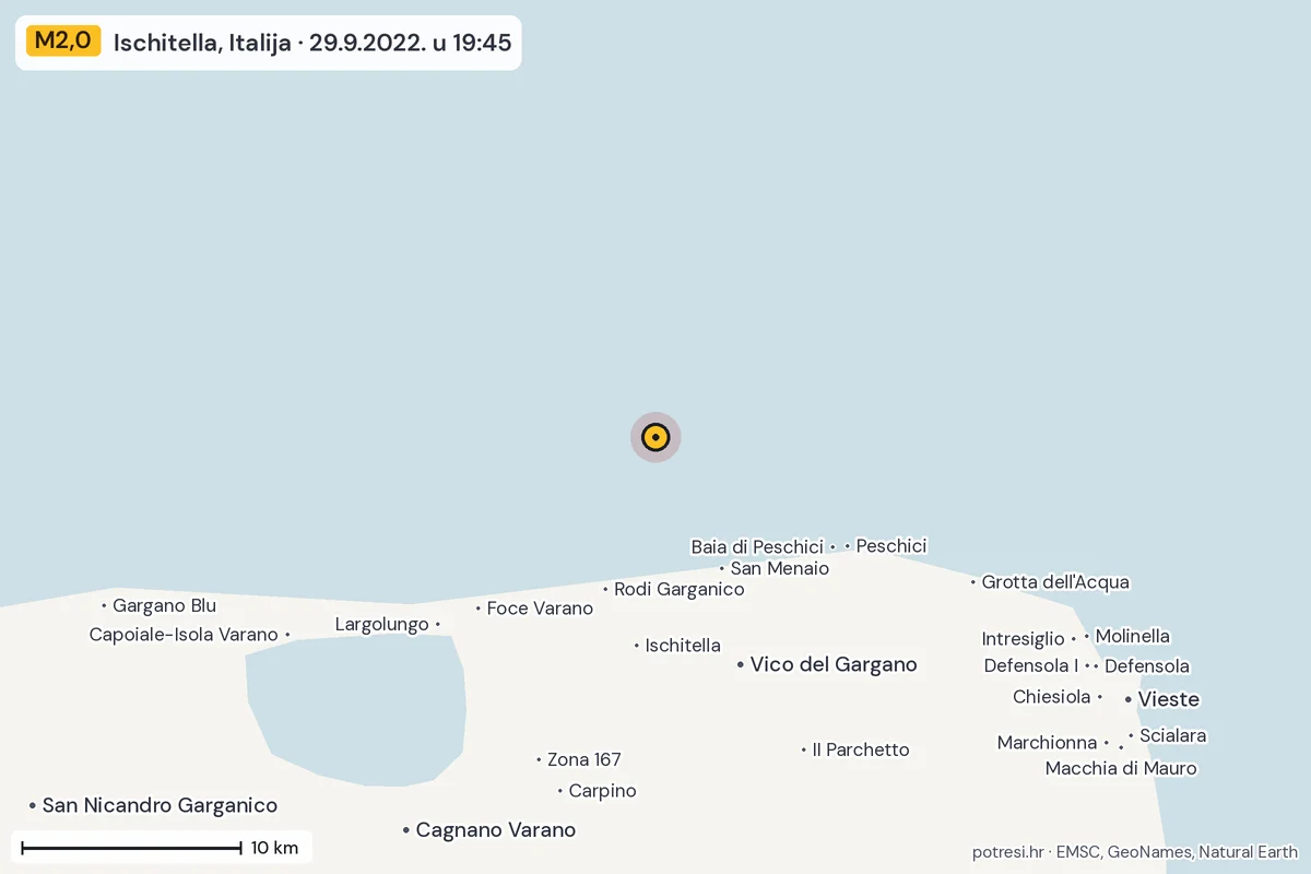Karta: okolica epicentra, 60 km, potres M2,0, Ischitella, Italija, 29.9.2022.