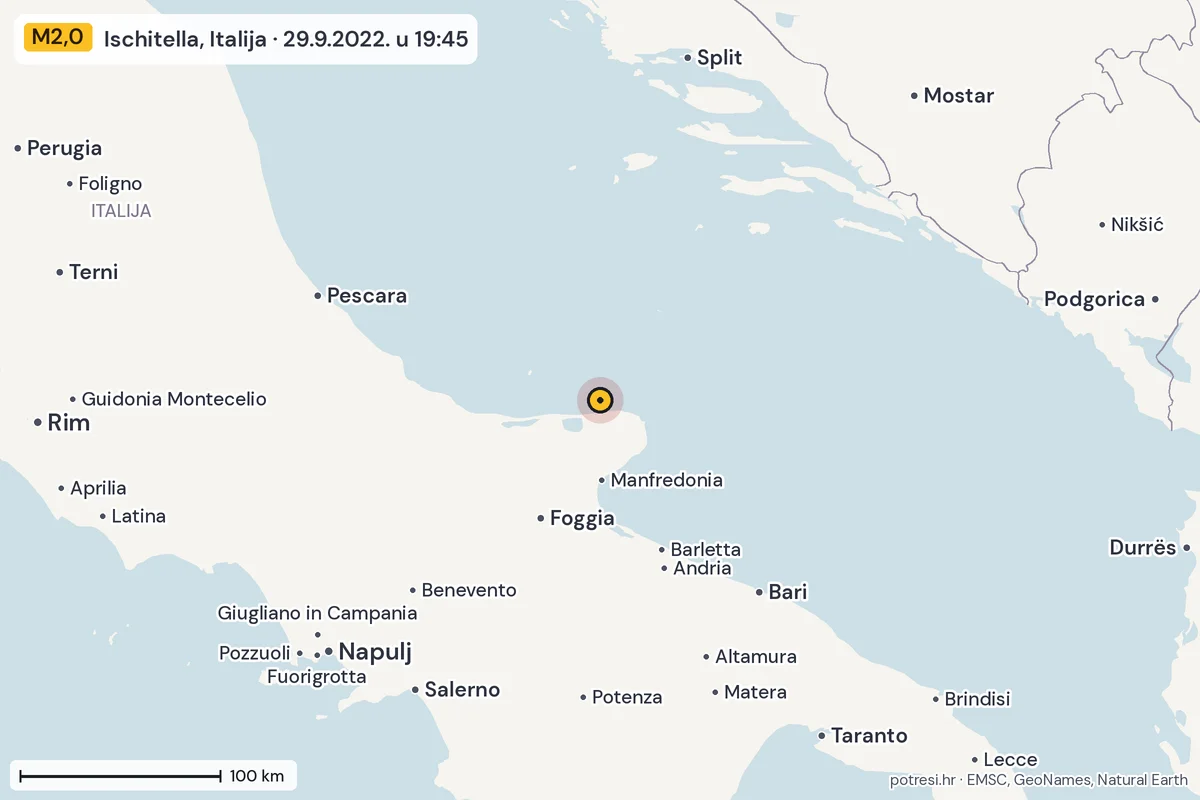 Karta: šire područje, 600 km, potres M2,0, Ischitella, Italija, 29.9.2022.