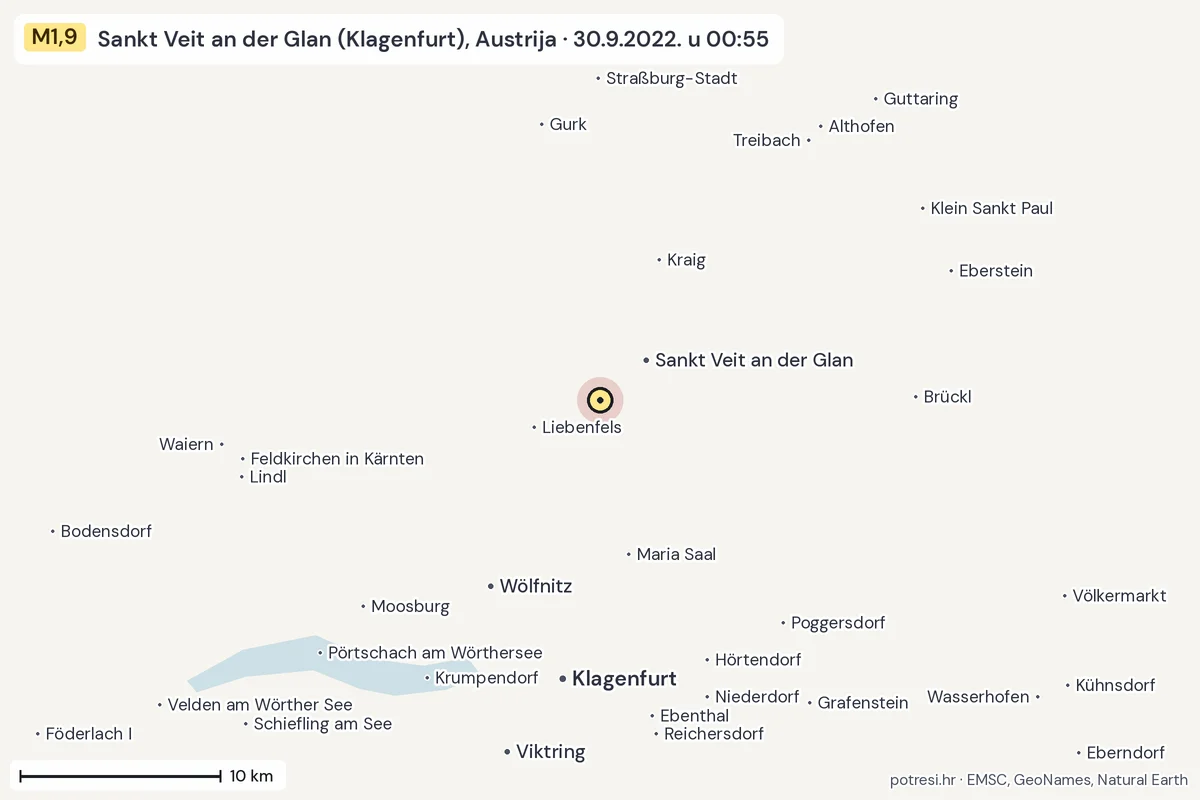 Karta: okolica epicentra, 60 km, potres M1,9, Sankt Veit an der Glan (Klagenfurt), Austrija, 30.9.2022.