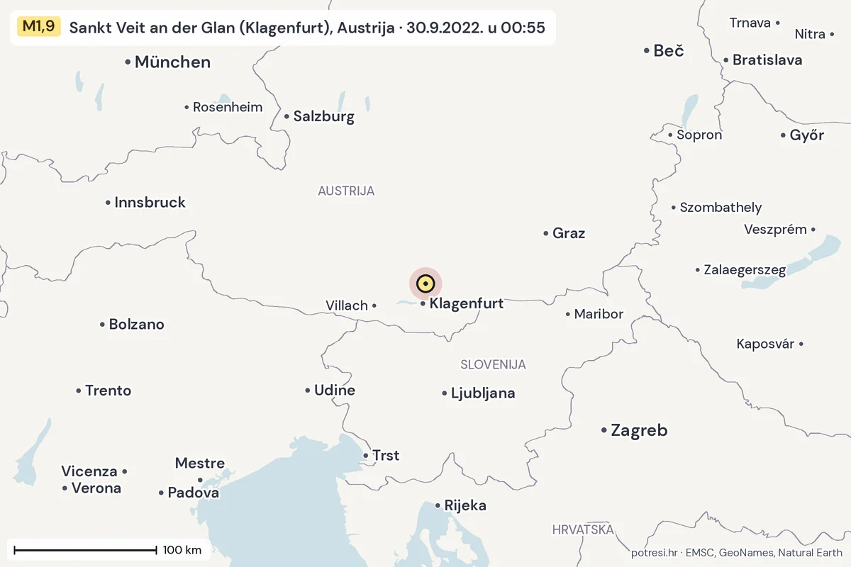 Karta: šire područje, 600 km, potres M1,9, Sankt Veit an der Glan (Klagenfurt), Austrija, 30.9.2022.