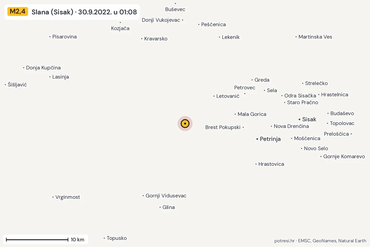Karta: okolica epicentra, 60 km, potres M2,4, Slana (Sisak), 30.9.2022.