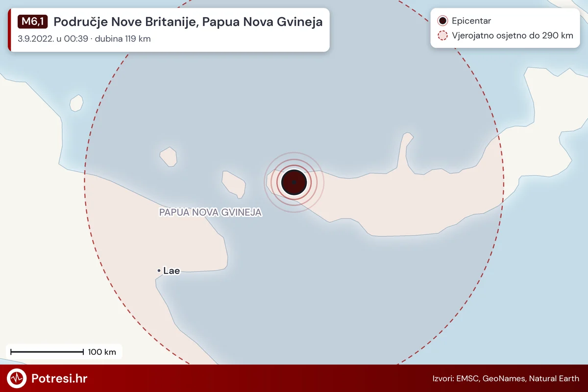 Karta: šire područje i vjerojatni doseg osjeta, potres M6,1, Područje Nove Britanije, Papua Nova Gvineja, 3.9.2022.
