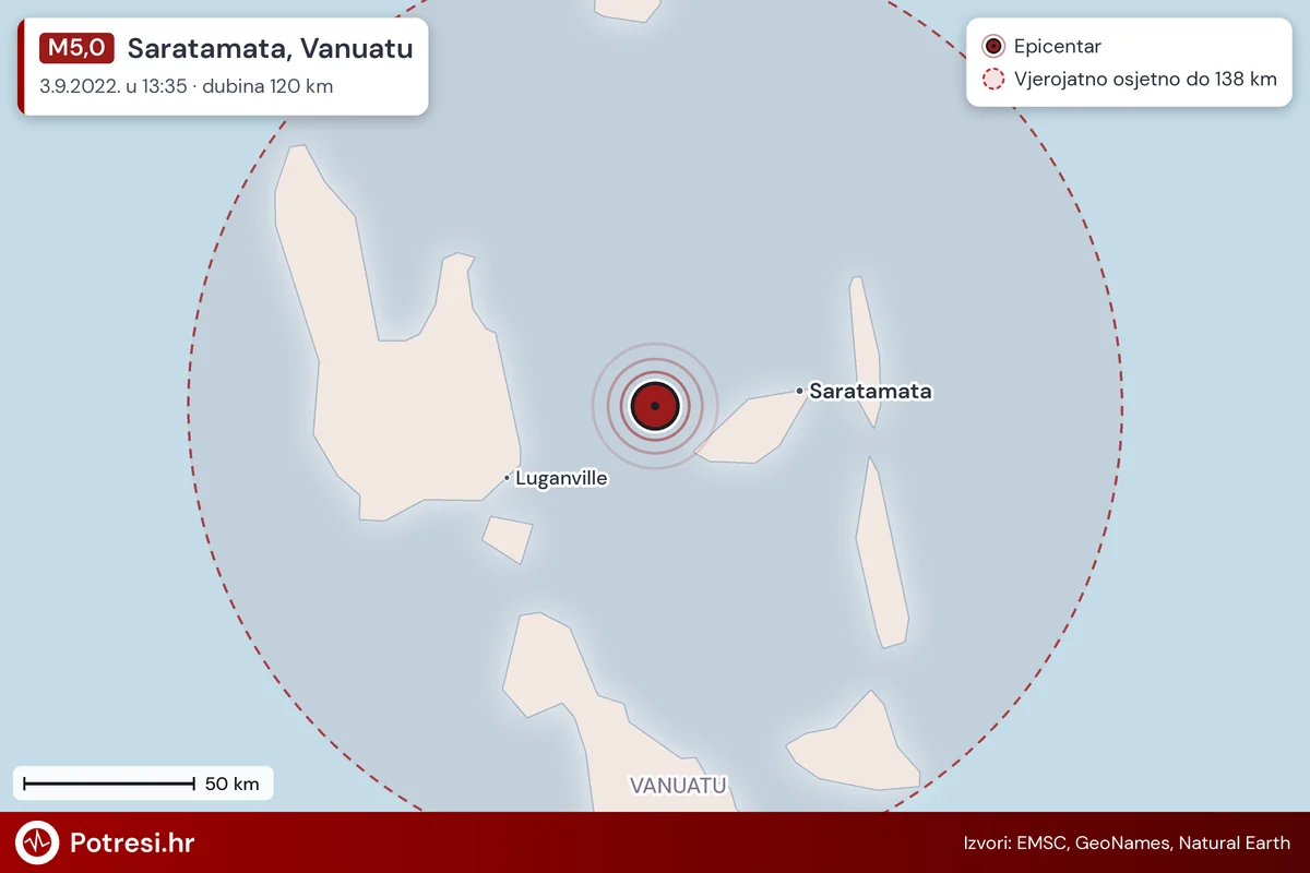 Karta: šire područje i vjerojatni doseg osjeta, potres M5,0, Saratamata, Vanuatu, 3.9.2022.