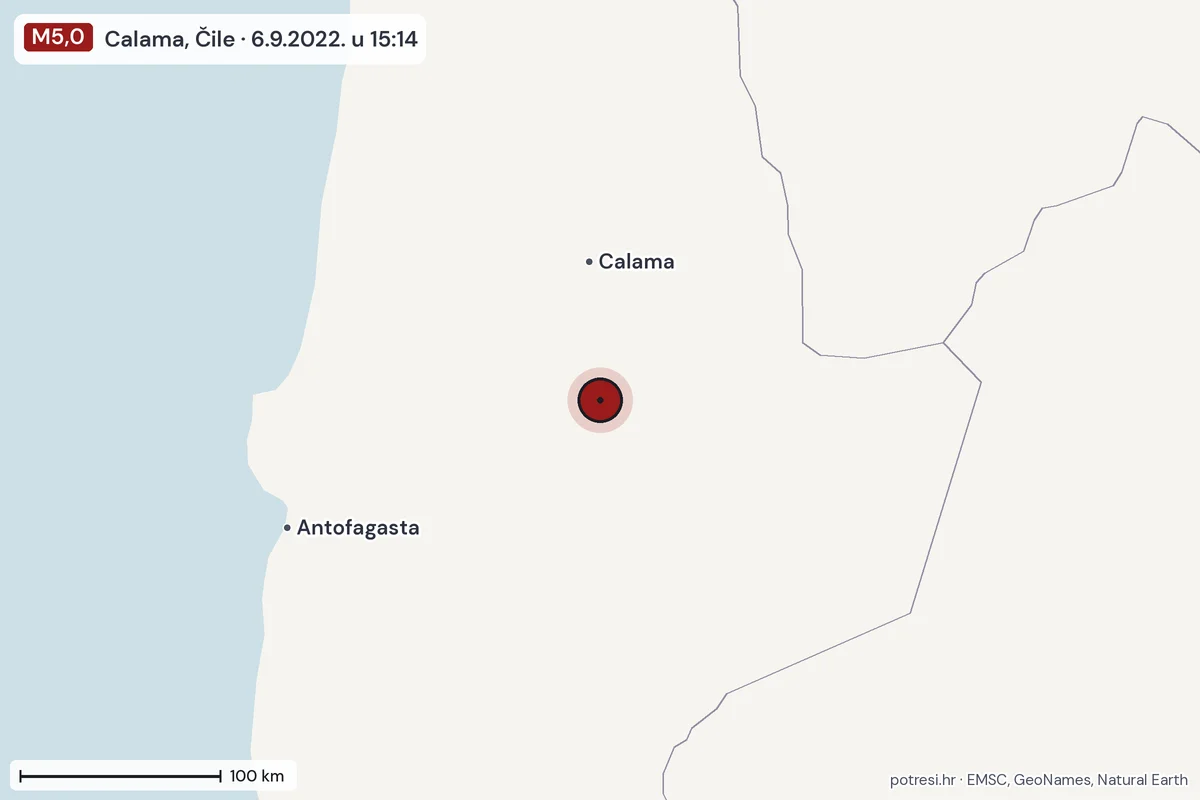 Karta: šire područje, 600 km, potres M5,0, Calama, Čile, 6.9.2022.