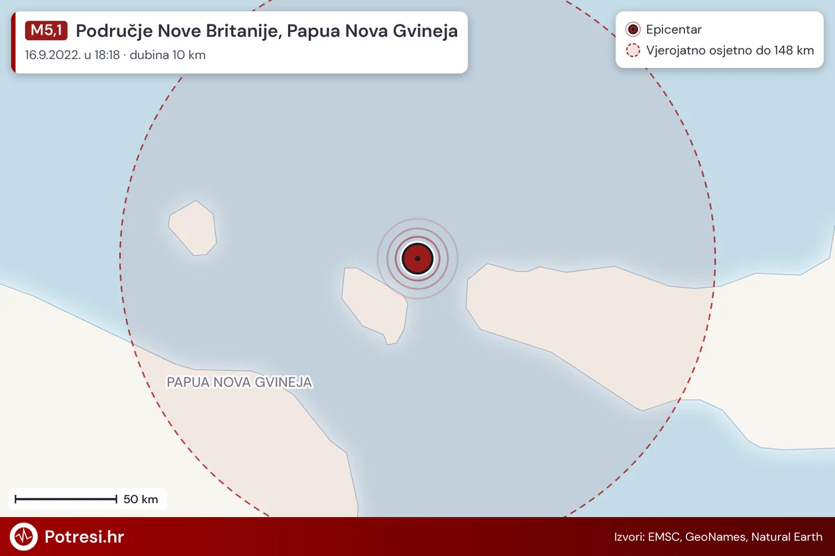 Karta: šire područje i vjerojatni doseg osjeta, potres M5,1, Područje Nove Britanije, Papua Nova Gvineja, 16.9.2022.
