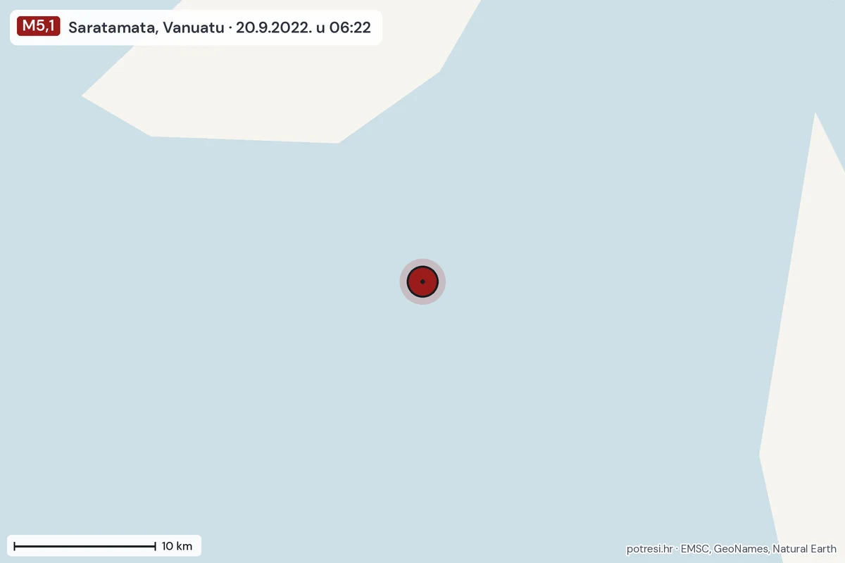 Karta: okolica epicentra, 60 km, potres M5,1, Saratamata, Vanuatu, 20.9.2022.
