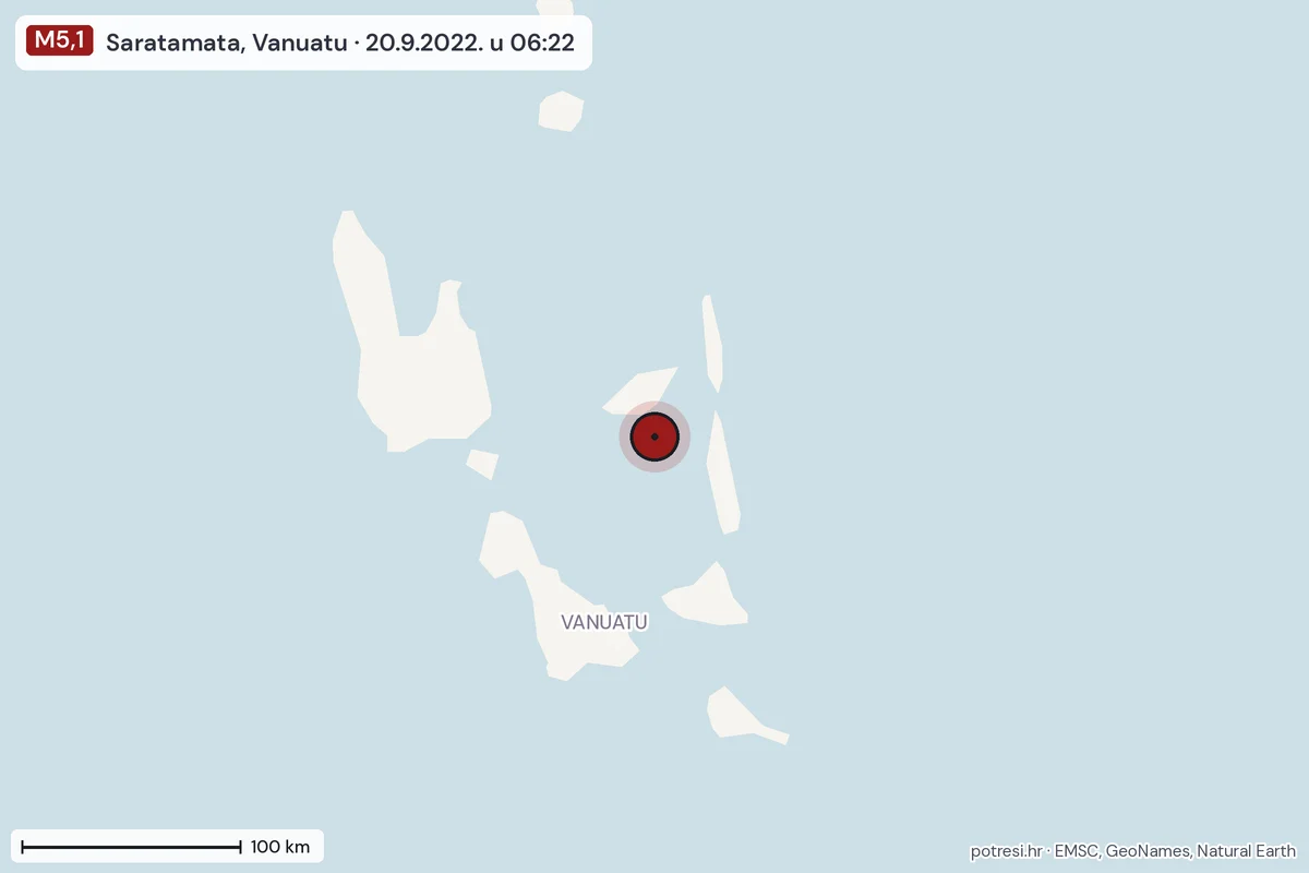 Karta: šire područje, 600 km, potres M5,1, Saratamata, Vanuatu, 20.9.2022.