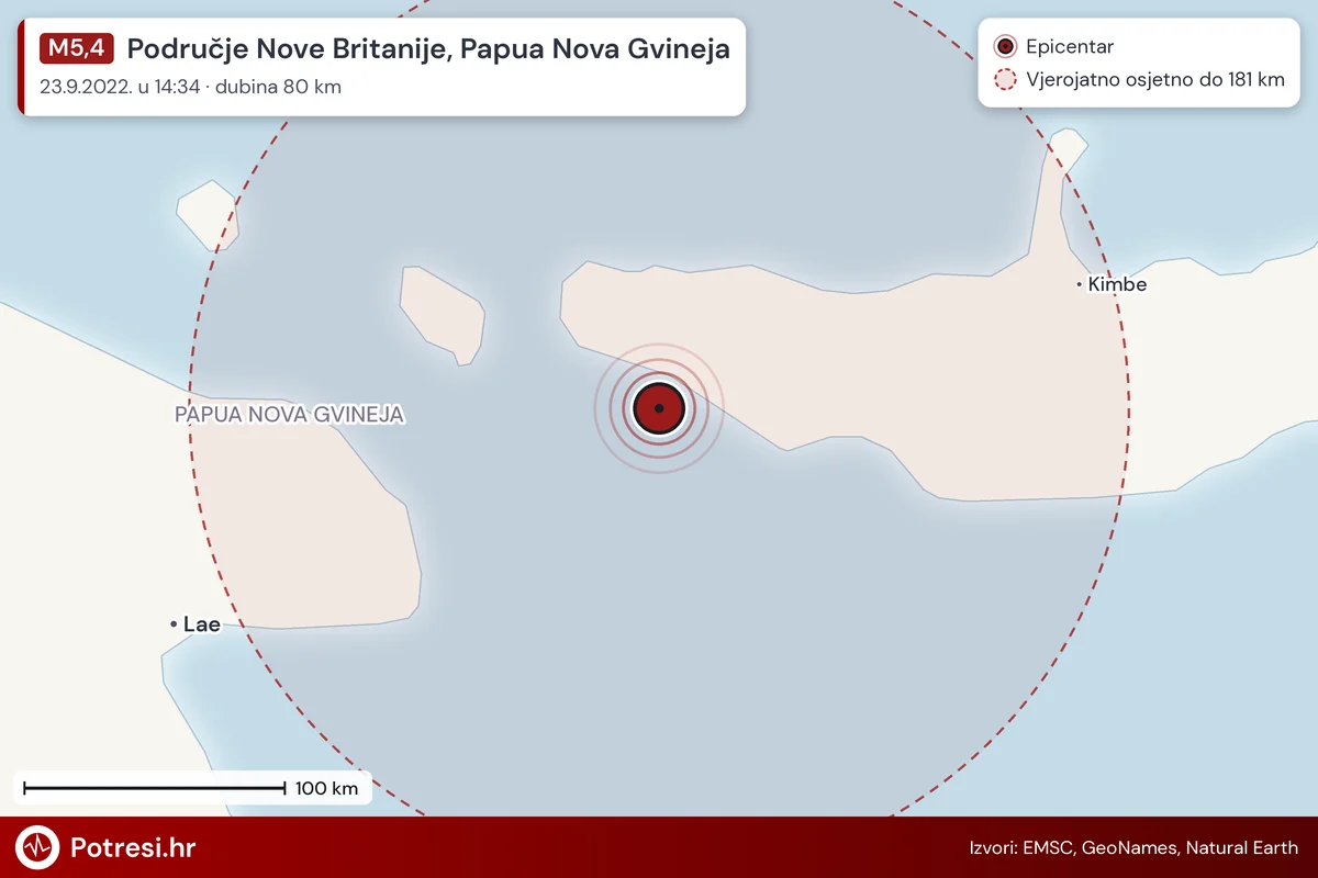 Karta: šire područje i vjerojatni doseg osjeta, potres M5,4, Područje Nove Britanije, Papua Nova Gvineja, 23.9.2022.