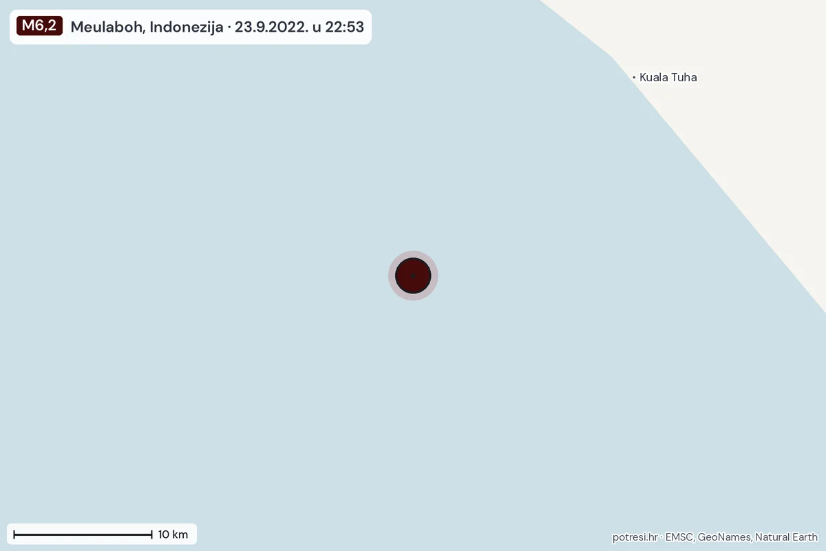 Karta: okolica epicentra, 60 km, potres M6,2, Meulaboh, Indonezija, 23.9.2022.