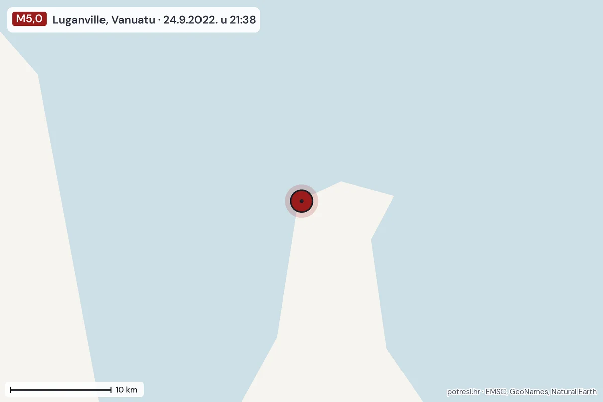 Karta: okolica epicentra, 60 km, potres M5,0, Luganville, Vanuatu, 24.9.2022.