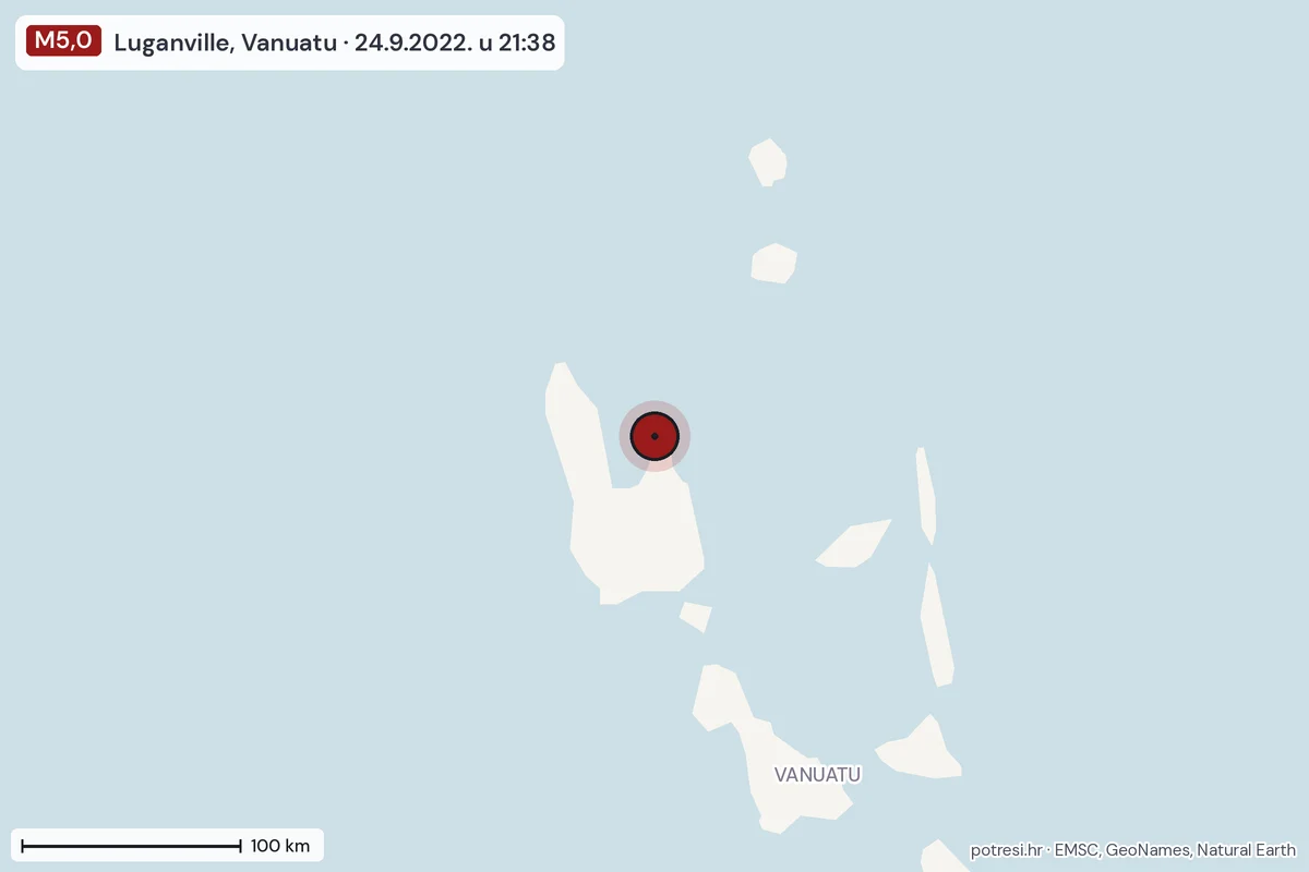 Karta: šire područje, 600 km, potres M5,0, Luganville, Vanuatu, 24.9.2022.