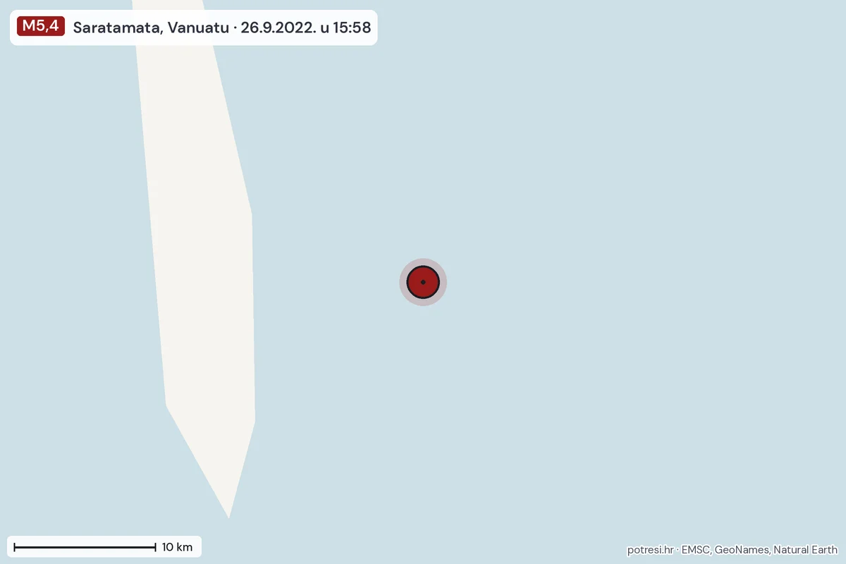 Karta: okolica epicentra, 60 km, potres M5,4, Saratamata, Vanuatu, 26.9.2022.