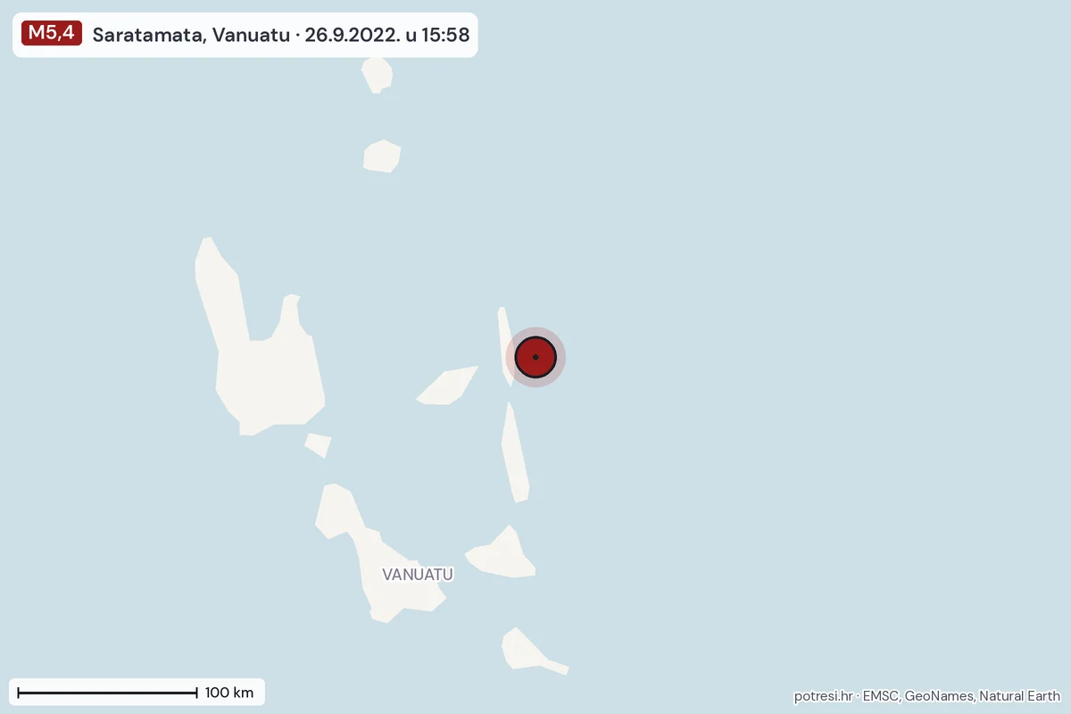 Karta: šire područje, 600 km, potres M5,4, Saratamata, Vanuatu, 26.9.2022.