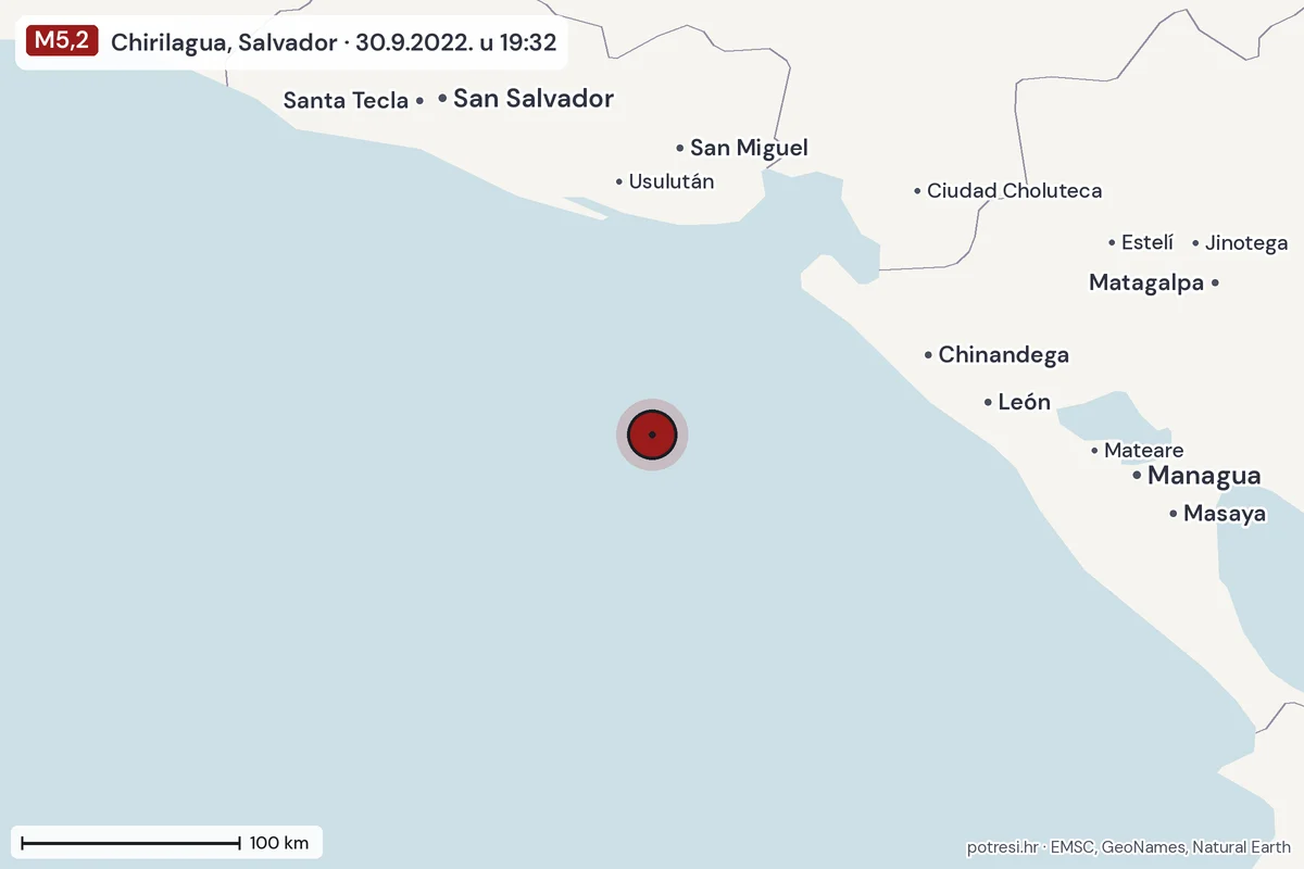 Karta: šire područje, 600 km, potres M5,2, Chirilagua, Salvador, 30.9.2022.
