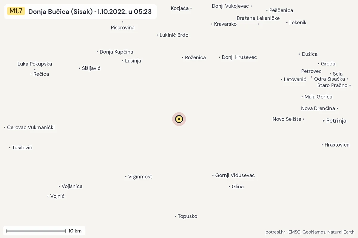 Karta: okolica epicentra, 60 km, potres M1,7, Donja Bučica (Sisak), 1.10.2022.