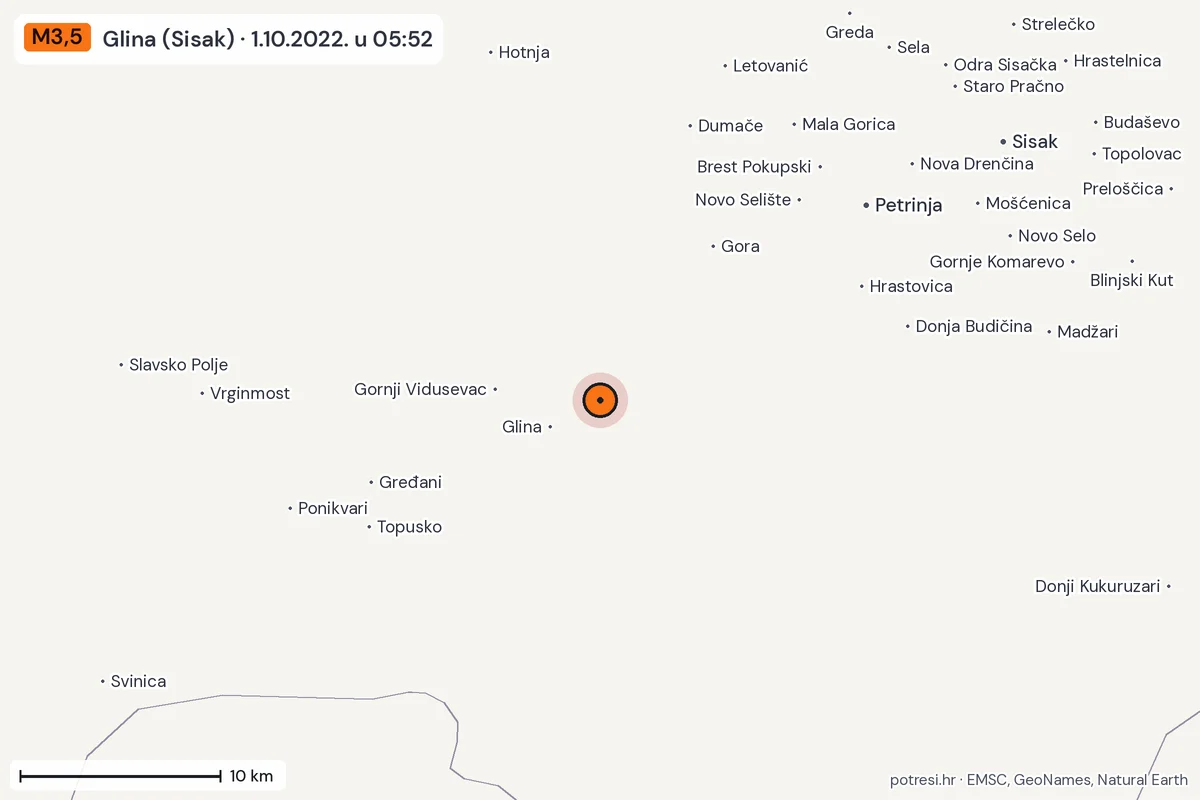 Karta: okolica epicentra, 60 km, potres M3,5, Glina (Sisak), 1.10.2022.