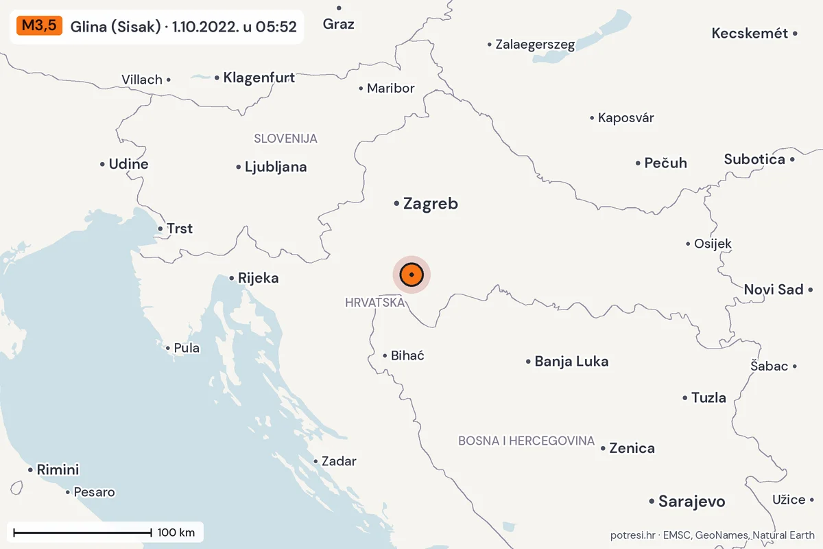 Karta: šire područje, 600 km, potres M3,5, Glina (Sisak), 1.10.2022.